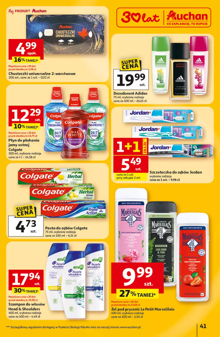 Gazetka promocyjna Auchan - 30 Lat Hipermarket - ważna 23.04 do 28.04.2026 - strona 41 - produkty: Adidas, Chusteczki, Colgate, Dezodorant, Gin, LG, Mars, Pasta do zębów, Płyn do płukania, Płyn do płukania jamy ustnej, Szampon, Szczoteczka, Szczoteczka do zębów