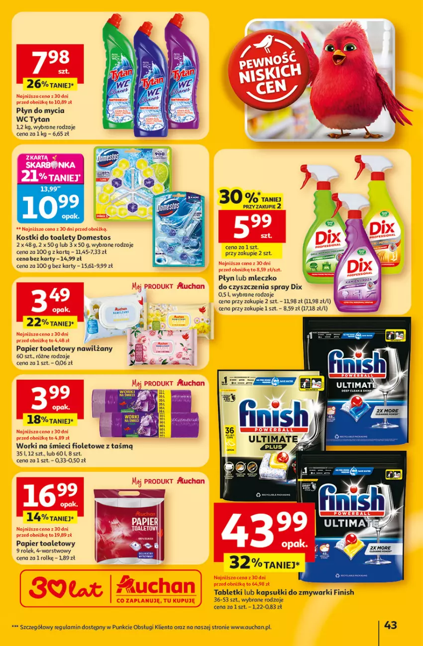 Gazetka promocyjna Auchan - 30 Lat Hipermarket - ważna 23.04 do 28.04.2026 - strona 43 - produkty: Domestos, Finish, Mleczko, Papier, Papier toaletowy, Płyn do mycia, Tablet, Tytan, Worki na śmiec, Worki na śmieci, Zmywarki