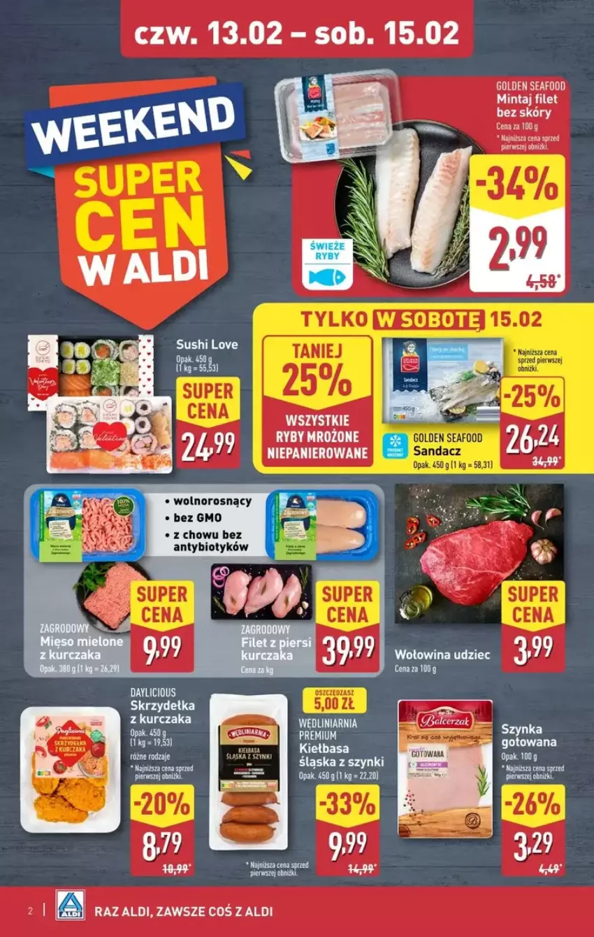 Gazetka promocyjna Aldi - ważna 13.02 do 15.02.2025 - strona 3 - produkty: Goal, Mintaj, Sushi, Wołowina