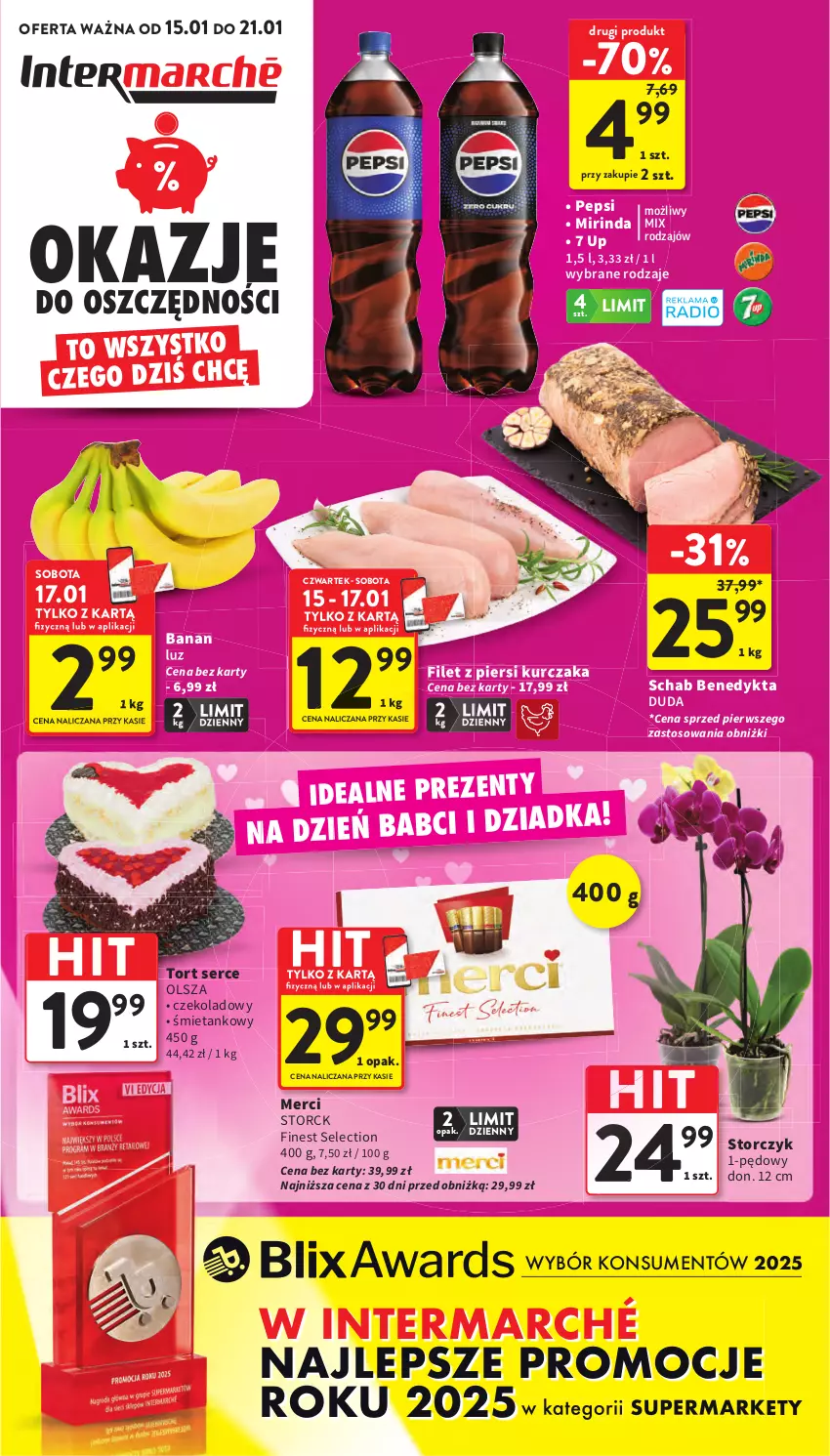Gazetka promocyjna Intermarche - Gazetka promocyjna - ważna 15.01 do 21.01.2026 - strona 1 - produkty: Duda, Filet z piersi kurczaka, Kurczak, Merci, Mirinda, Pepsi, Schab Benedykta, Ser, Storczyk