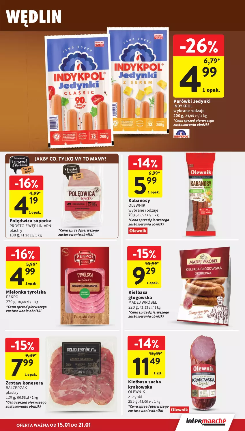 Gazetka promocyjna Intermarche - Gazetka promocyjna - ważna 15.01 do 21.01.2026 - strona 23 - produkty: Kabanos, Kiełbasa, Kiełbasa głogowska, Madej Wróbel, Mielonka tyrolska, Olewnik, Parówki, Pekpol, Polędwica, Ser