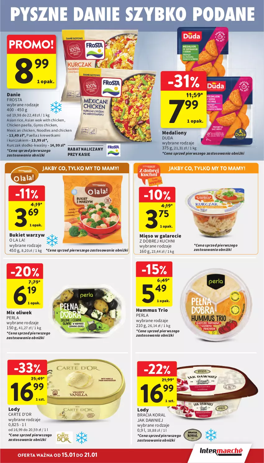 Gazetka promocyjna Intermarche - Gazetka promocyjna - ważna 15.01 do 21.01.2026 - strona 27 - produkty: Bukiet, Bukiet warzyw, Carte d'Or, Duda, Frosta, Gala, Gyros, Hummus, Kurczak, Lion, Lody, Mięso, Mięso w galarecie, Mus