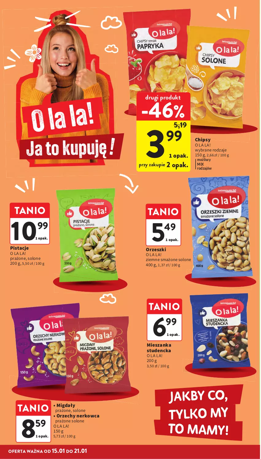 Gazetka promocyjna Intermarche - Gazetka promocyjna - ważna 15.01 do 21.01.2026 - strona 38 - produkty: Chipsy, Mieszanka studencka, Migdały, Orzeszki, Pistacje