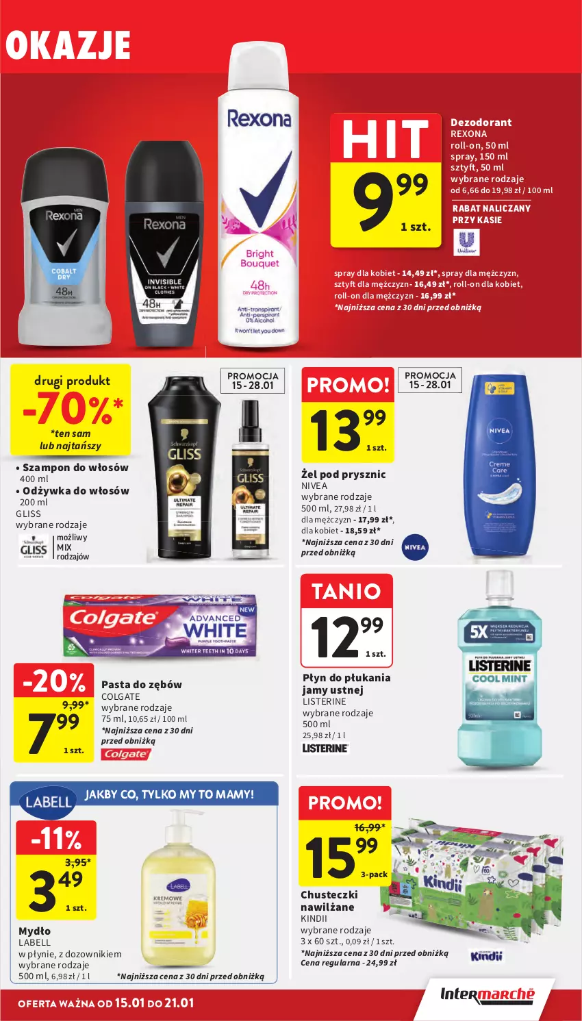 Gazetka promocyjna Intermarche - Gazetka promocyjna - ważna 15.01 do 21.01.2026 - strona 43 - produkty: Bell, Chusteczki, Colgate, Dezodorant, Dozownik, Kindii, LG, Listerine, Mydło, Nivea, Odżywka, Pasta do zębów, Płyn do płukania, Płyn do płukania jamy ustnej, Rexona, Szampon