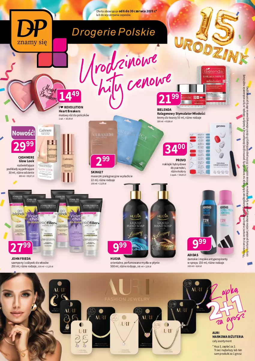 Gazetka promocyjna Drogerie Polskie - Gazetka - ważna 06.06 do 30.06.2025 - strona 1 - produkty: Adidas, Antyperspirant, Bielenda, John frieda, Klej, Kolagen, Perfum, Podkład, Róż do policzków, Szampon