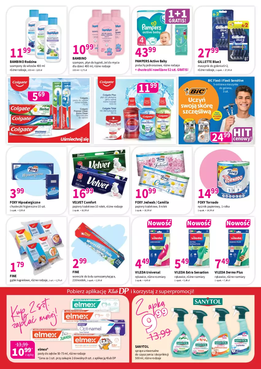Gazetka promocyjna Drogerie Polskie - Gazetka - ważna 06.06 do 30.06.2025 - strona 7 - produkty: BIC, Chusteczki, Dzieci, Elmex, Foxy, Gillette, Gra, Maszynka, Maszynka do golenia, Pampers, Papier, Pieluchy, Płyn do kąpieli, Ręcznik, Rękawice, Sanytol, Sati, Stek, Szampon, Szynka, Velvet, Vileda, Woreczki do lodu
