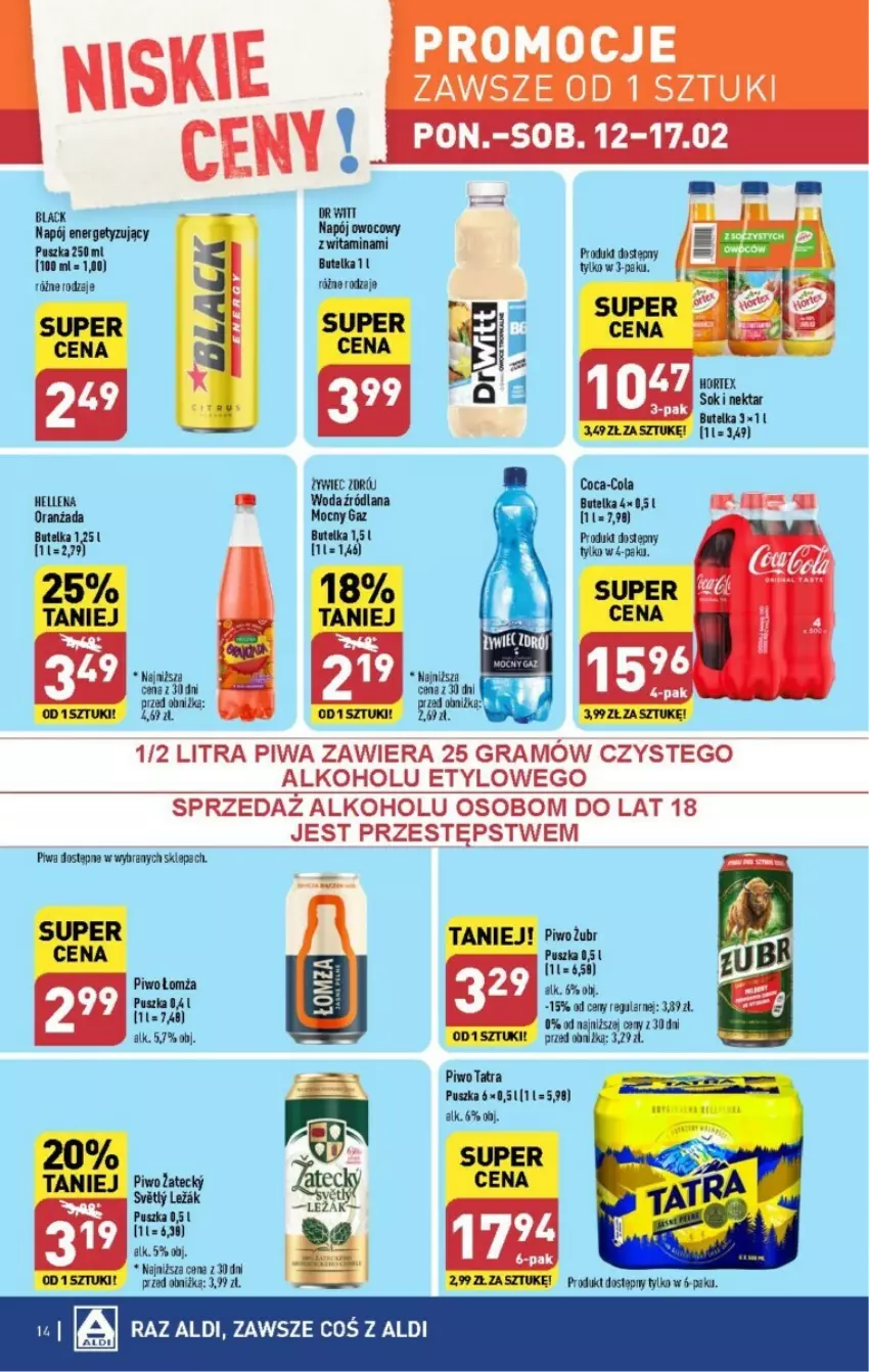 Gazetka promocyjna Aldi - ważna 12.02 do 17.02.2024 - strona 6 - produkty: Coca-Cola, Lack, LANA, Napój, Nektar, Oranżada, Piwa, Piwo, Sok, Tatra, Woda