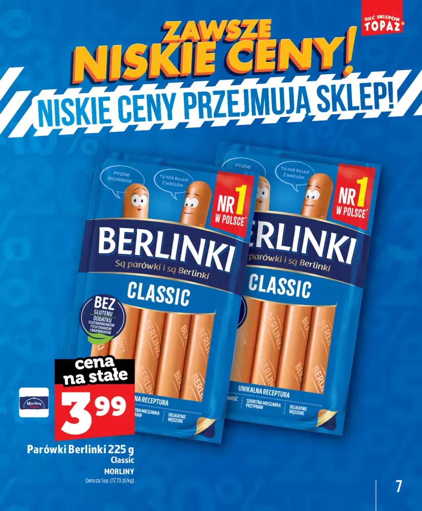 Gazetka promocyjna Topaz - Gazetka - ważna 28.05 do 31.08.2026 - strona 7 - produkty: Berlinki, Parówki