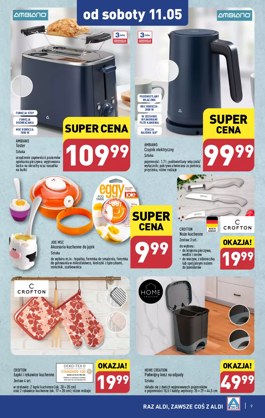 Gazetka promocyjna Aldi - Artykuły przemysłowe i tekstylia - ważna 08.05 do 11.05.2024 - strona 9 - produkty: Czajnik, Czajnik elektryczny, Fa, Kosz, Kosz na odpady, Noż, Piec, Pojemnik, Pokrywa, Rękawice, Ser, Szatkownica, Top, Toster