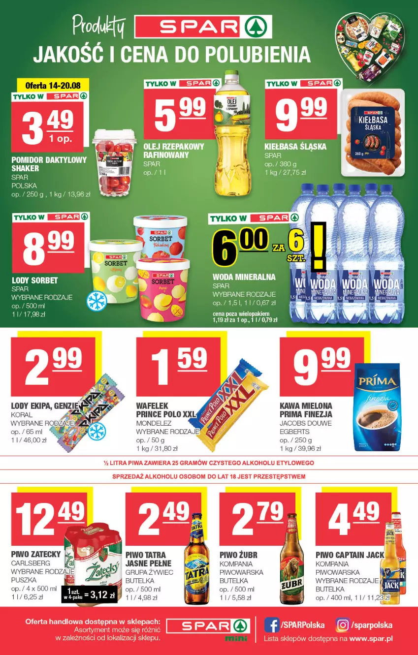 Gazetka promocyjna Spar - Spar-Mini - ważna 11.08 do 21.08.2024 - strona 4 - produkty: Captain Jack, Carlsberg, Jacobs, Kawa, Kawa mielona, Kiełbasa, Kiełbasa śląska, Lody, Olej, Olej rzepakowy, Piwo, Prima, Prince Polo, Tatra, Wafelek