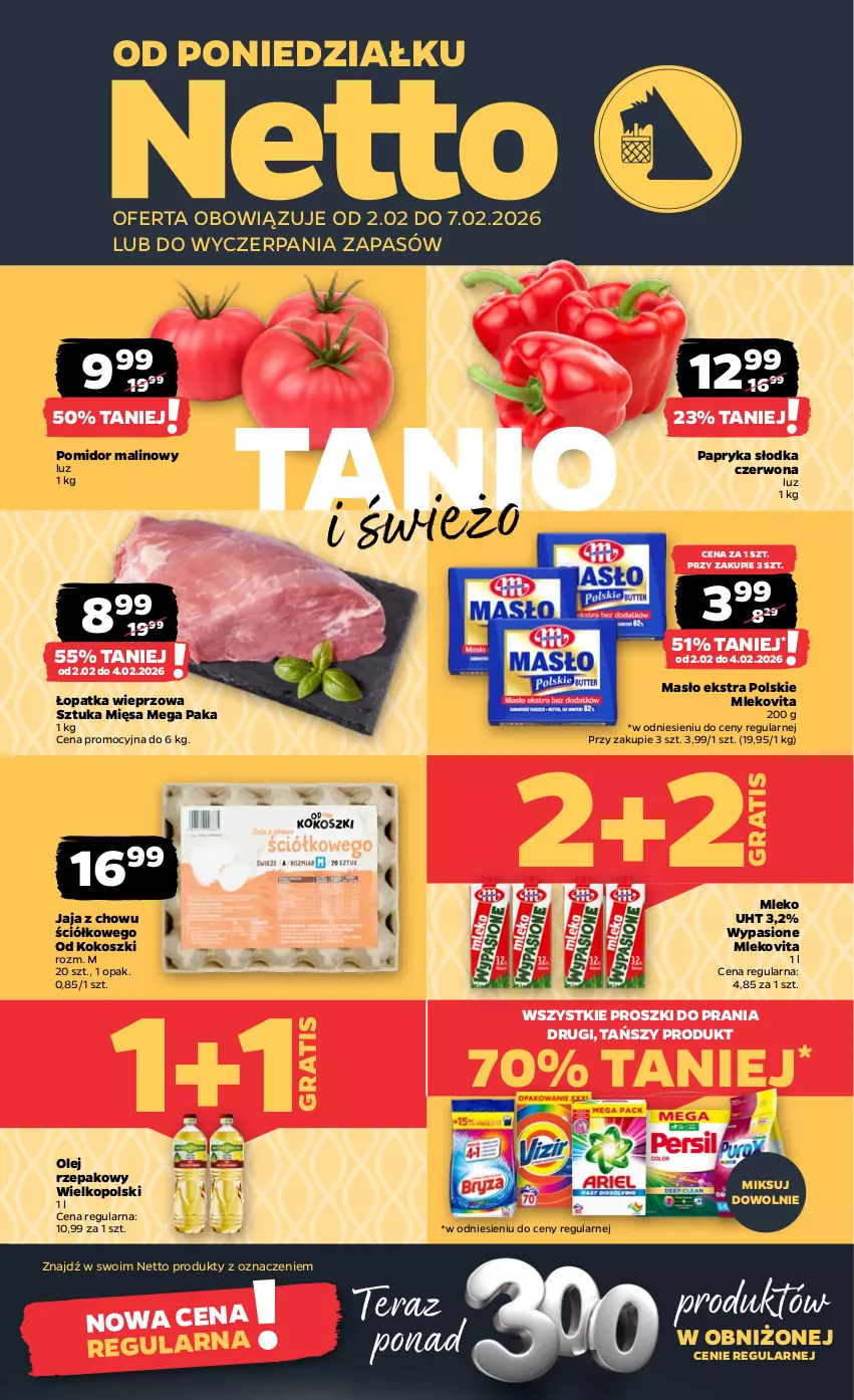 Gazetka promocyjna Netto - Od Poniedziałku - ważna 02.02 do 07.02.2026 - strona 1 - produkty: Gra, Jaja, Kokos, Kosz, Masło, Mleko, Mlekovita, Olej, Olej rzepakowy, Papryka, Papryka słodka, Pomidor malinowy, Tera