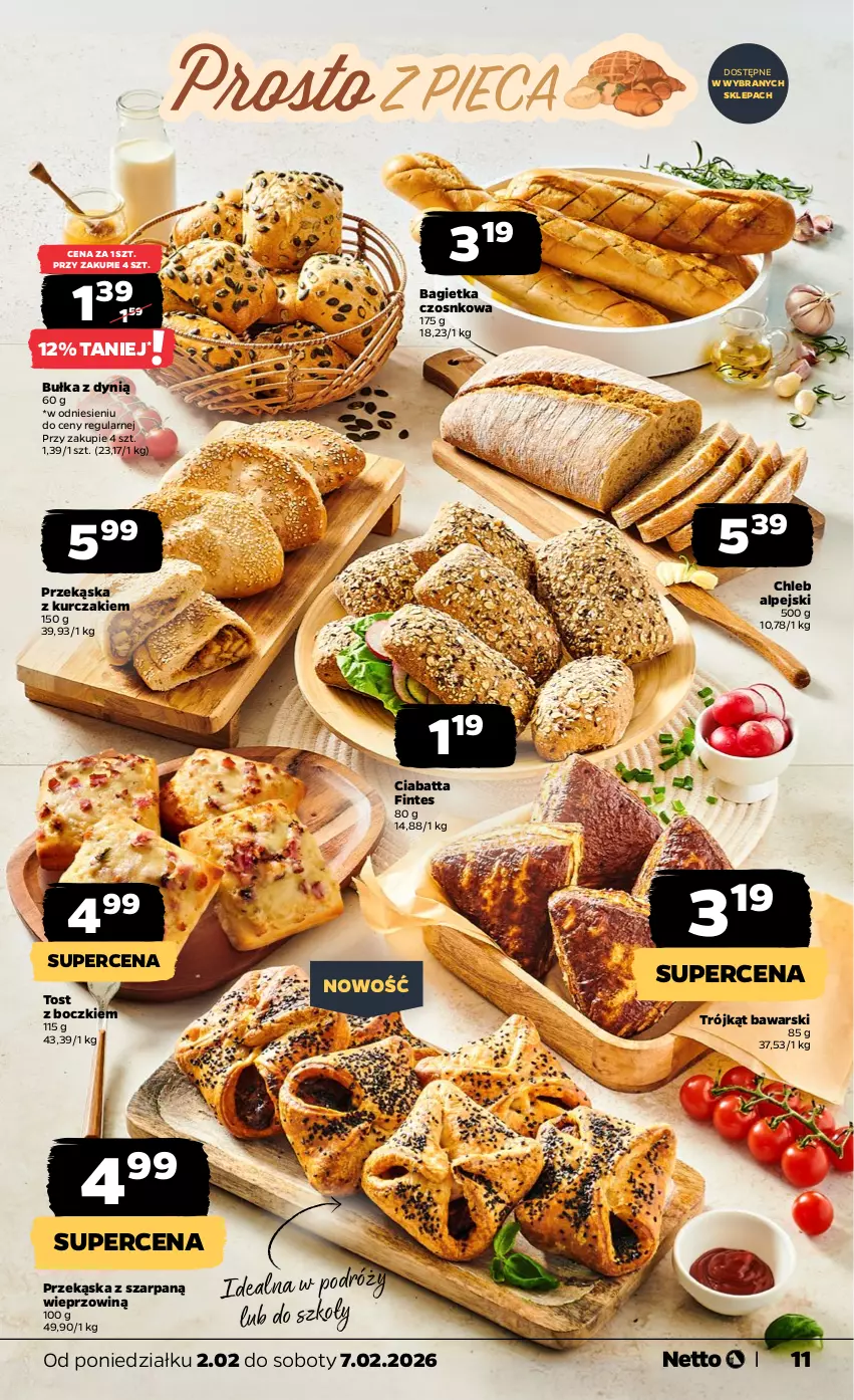 Gazetka promocyjna Netto - Od Poniedziałku - ważna 02.02 do 07.02.2026 - strona 11 - produkty: Bagietka, Bagietka czosnkowa, Bułka, Chleb, Ciabatta, Dynią, Kurczak