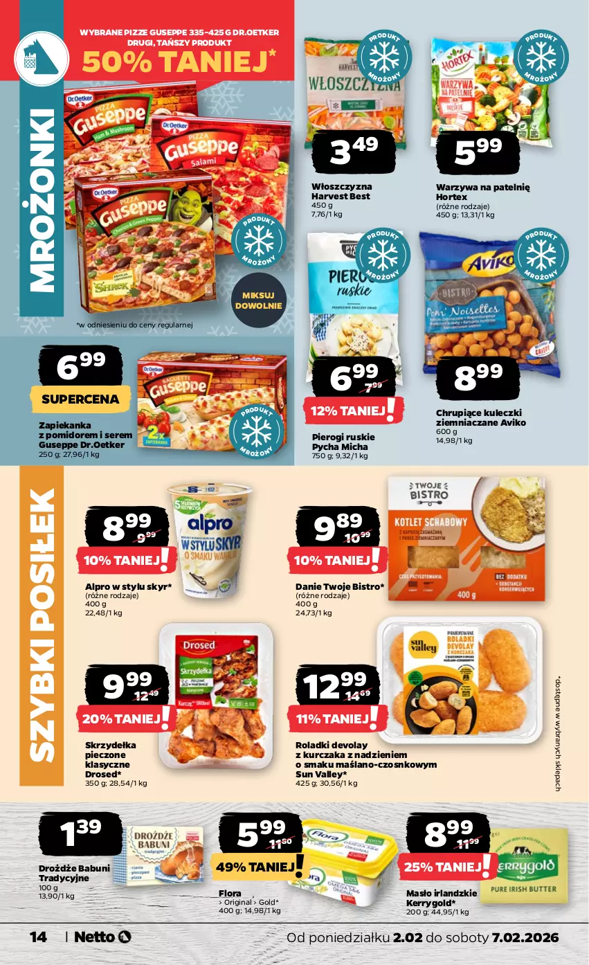 Gazetka promocyjna Netto - Od Poniedziałku - ważna 02.02 do 07.02.2026 - strona 14 - produkty: Alpro, Babuni, Drożdże, Flora, Gin, Hortex, Kurczak, Masło, Piec, Pierogi, Ser, Skrzydełka pieczone, Warzywa, Zapiekanka