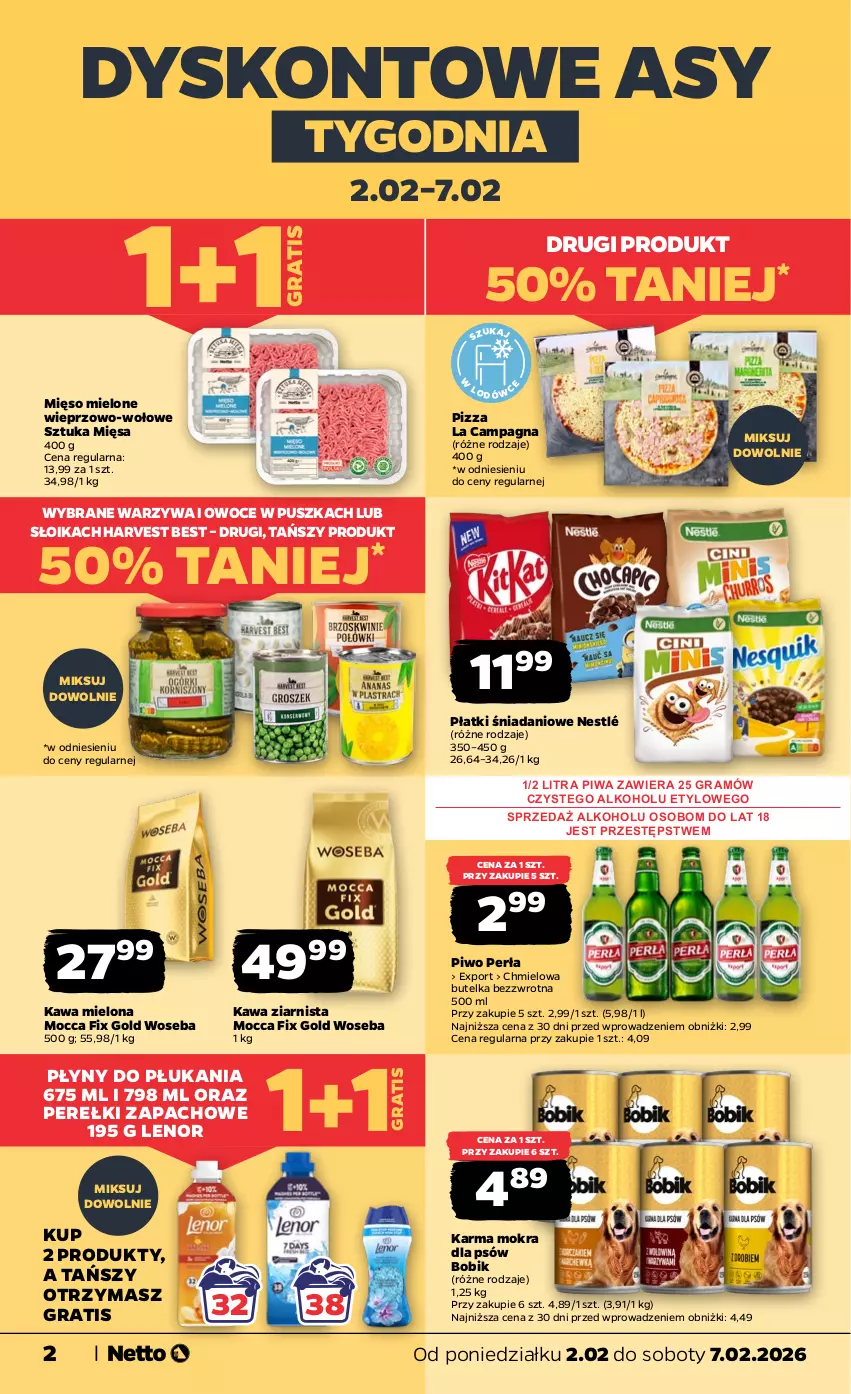 Gazetka promocyjna Netto - Od Poniedziałku - ważna 02.02 do 07.02.2026 - strona 2 - produkty: Danio, Gra, Kawa, Kawa mielona, Kawa ziarnista, Lenor, Mięso, Mięso mielone, Mocca Fix Gold, Nestlé, Owoce, Perełki zapachowe, Perła, Piwa, Piwo, Pizza, Por, Warzywa, Warzywa i owoce, Woseba