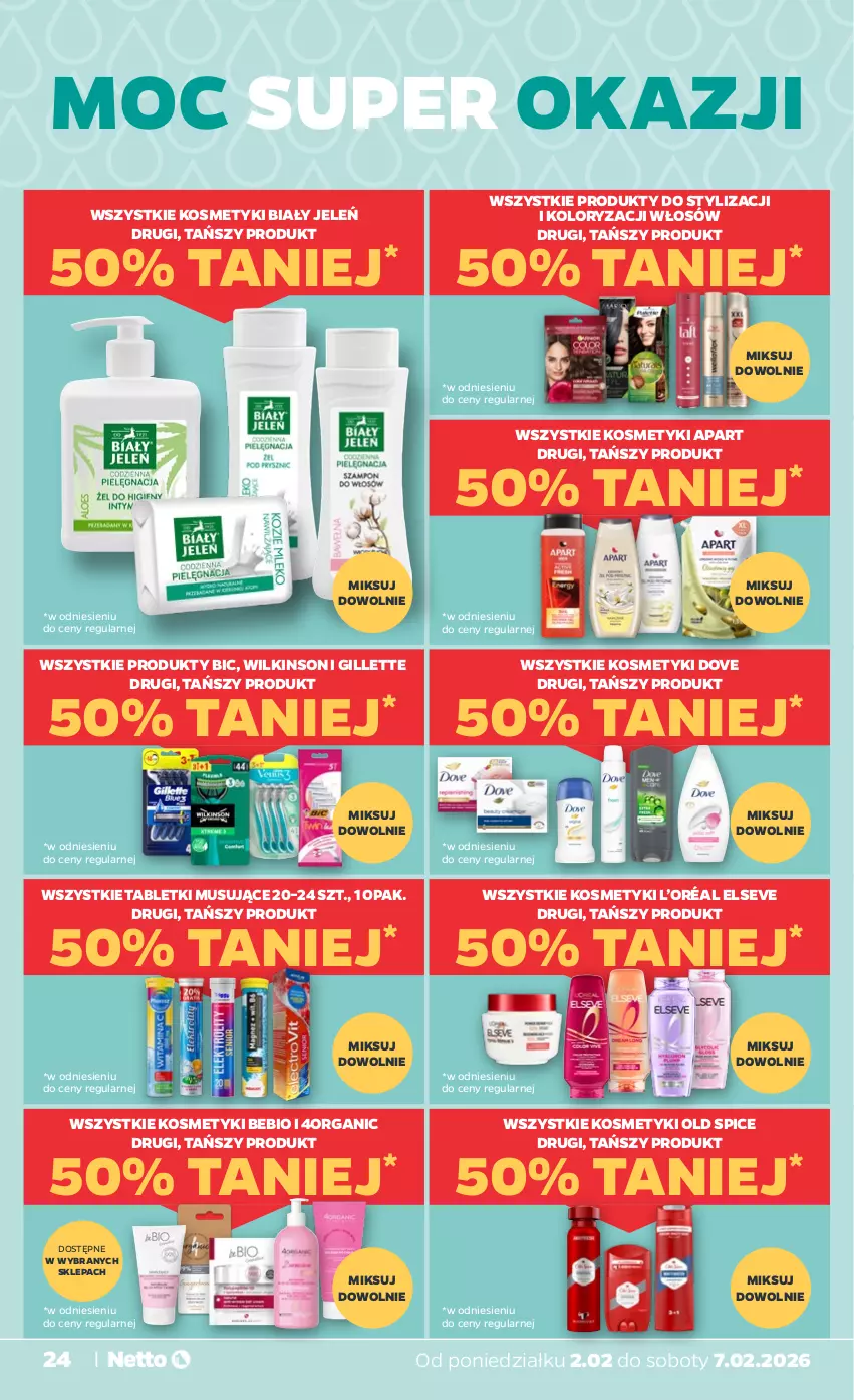 Gazetka promocyjna Netto - Od Poniedziałku - ważna 02.02 do 07.02.2026 - strona 24 - produkty: Biały Jeleń, BIC, Dove, Elseve, Gillette, L’Oréal, Mus, Old Spice, Tablet, Tabletki musujące