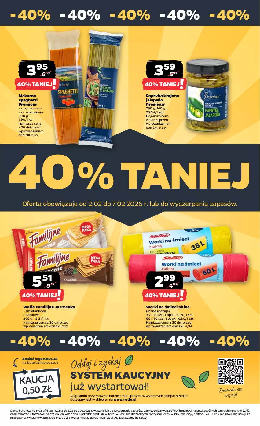 Gazetka promocyjna Netto - Od Poniedziałku - ważna 02.02 do 07.02.2026 - strona 27 - produkty: Fa, Jutrzenka, Kakao, Makaron, Papryka, Spaghetti, Szpinak, Wafle, Worki na śmiec, Worki na śmieci