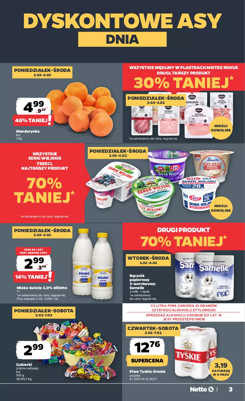 Gazetka promocyjna Netto - Od Poniedziałku - ważna 02.02 do 07.02.2026 - strona 3 - produkty: Cukier, Cukierki, Gra, Mleko, Papier, Piwa, Piwo, Ręcznik, Rolki, Ser, Tyskie