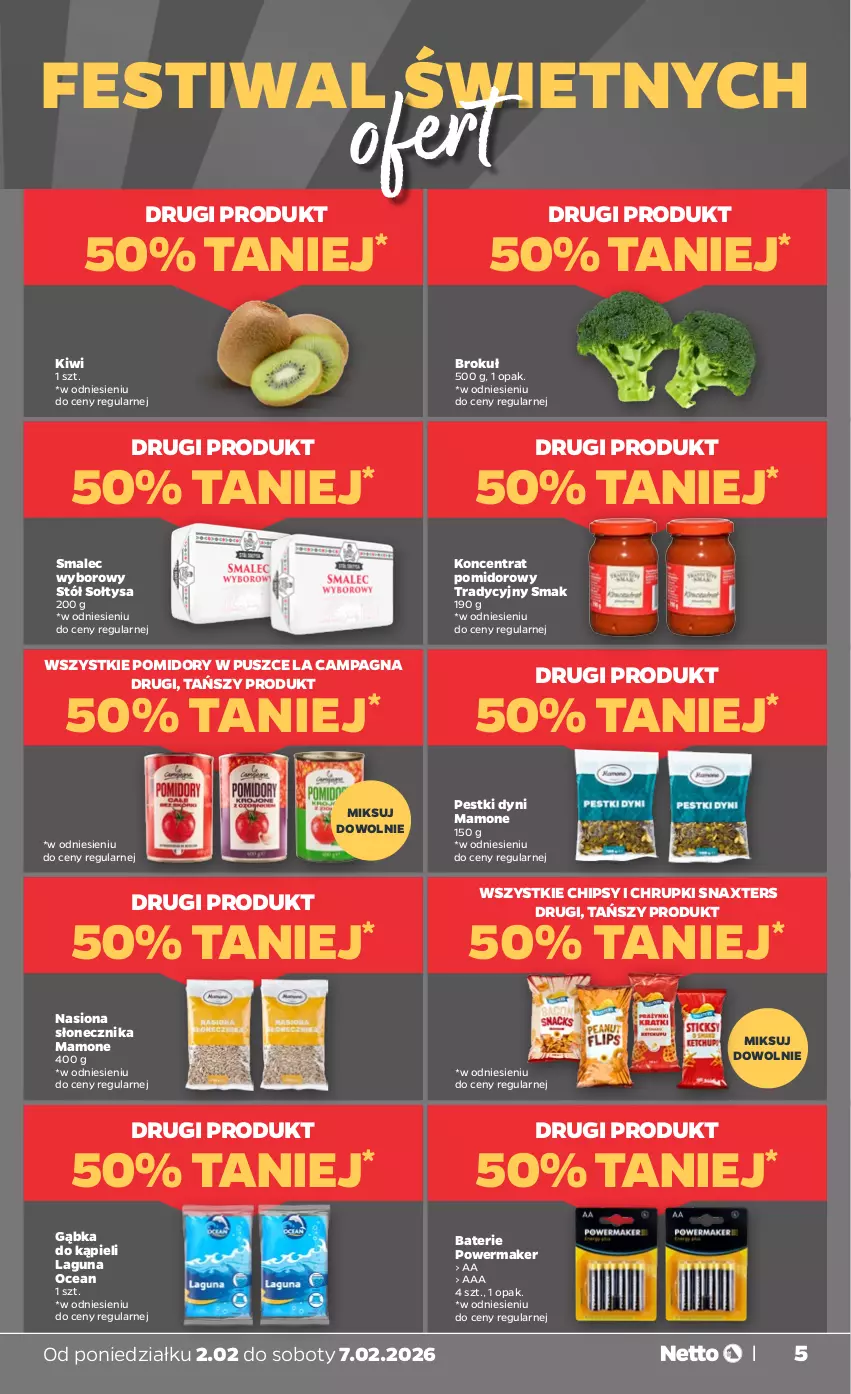 Gazetka promocyjna Netto - Od Poniedziałku - ważna 02.02 do 07.02.2026 - strona 5 - produkty: Chipsy, Chrupki, Kiwi, Koncentrat pomidorowy, Pestki dyni, Pomidory, Smalec, Stół, Wagi