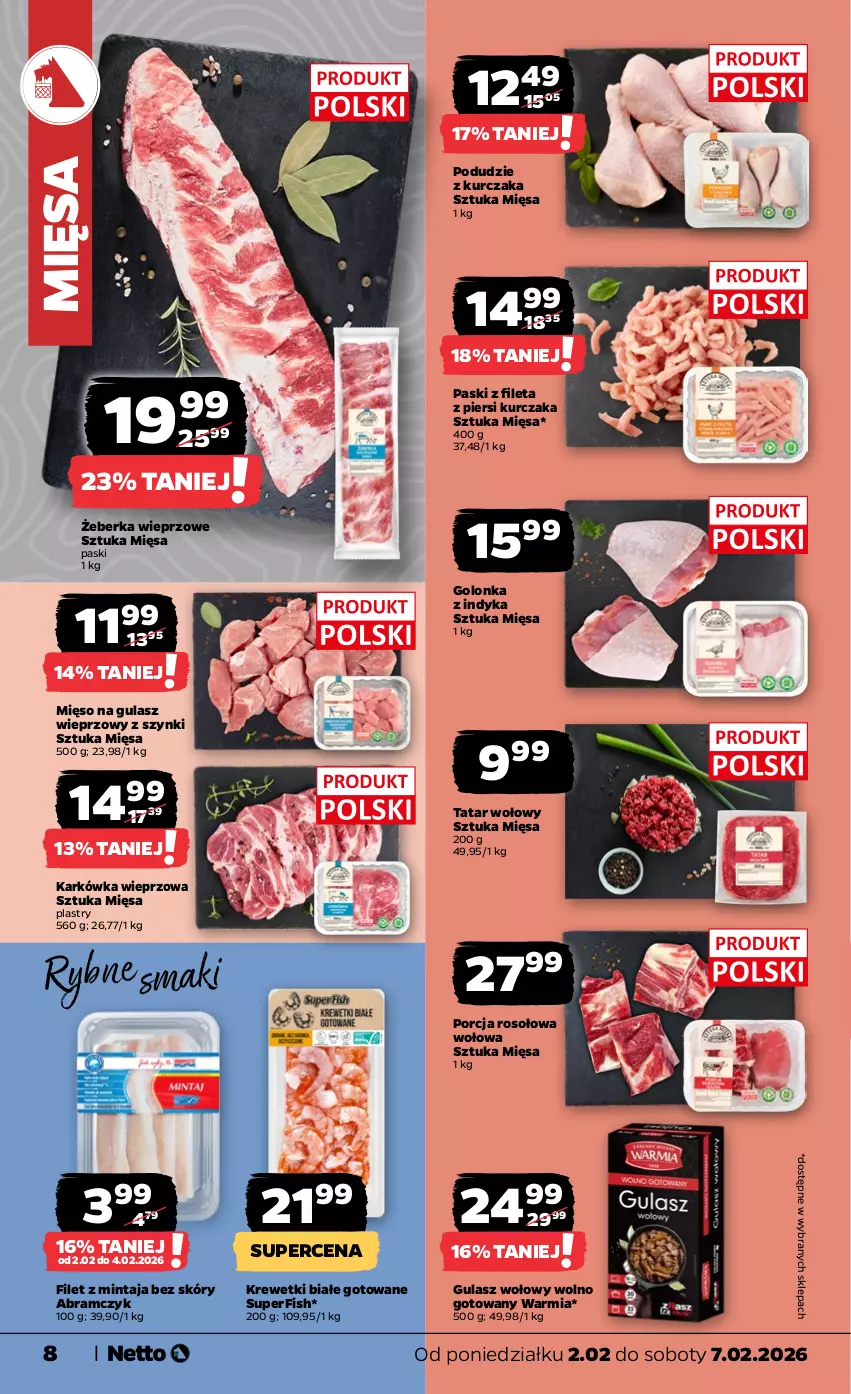 Gazetka promocyjna Netto - Od Poniedziałku - ważna 02.02 do 07.02.2026 - strona 8 - produkty: Filet z mintaja, Golonka z indyka, Gulasz wołowy, Karkówka wieprzowa, Krewetki, Kurczak, Mięso, Mięso na gulasz, Mintaj, Podudzie z kurczaka, Por, Tatar wołowy