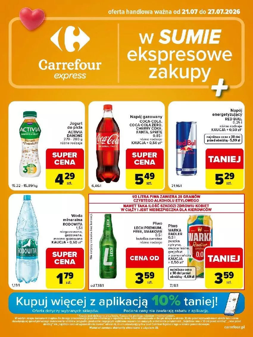 Gazetka promocyjna Carrefour - Gazetka Express w SUMIE ekspresowe zakupy - ważna 21.07 do 27.07.2026 - strona 1 - produkty: Coca-Cola, Danone, Fa, Fanta, Gra, Grejpfrut, Jogurt, Lech Premium, Napój, Owoce, Piec, Piwa, Por, Radler, Red Bull, Sprite, Warka, Woda