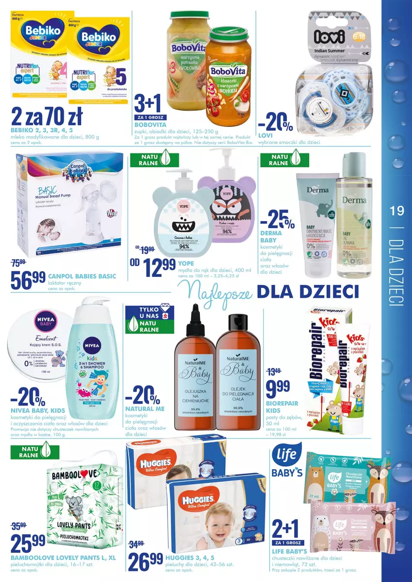 Gazetka promocyjna Super Pharm - Gazetka - ważna 21.03 do 06.04.2022 - strona 19 - produkty: Bebiko, Biorepair, BoboVita, Canpol, Chusteczki, Chusteczki nawilzane, Dzieci, Fa, Huggies, Kosmetyki do pielęgnacji, Kosz, Lovely, Majtki, Mleko, Nivea, Nivea Baby, Olej, Olma, Pieluchomajtki, Pieluchy, Ser