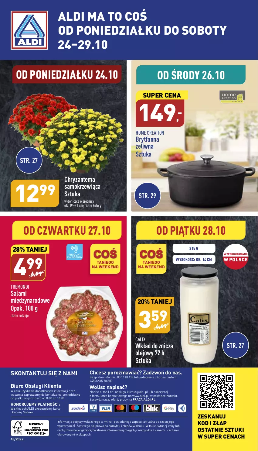 Gazetka promocyjna Aldi - Zaplanuj zakupy wcześniej - ważna 26.10 do 29.10.2022 - strona 14 - produkty: Biuro, Chryzantema, Fa, O nas, Olej, Por, Salami, Sok, Znicz