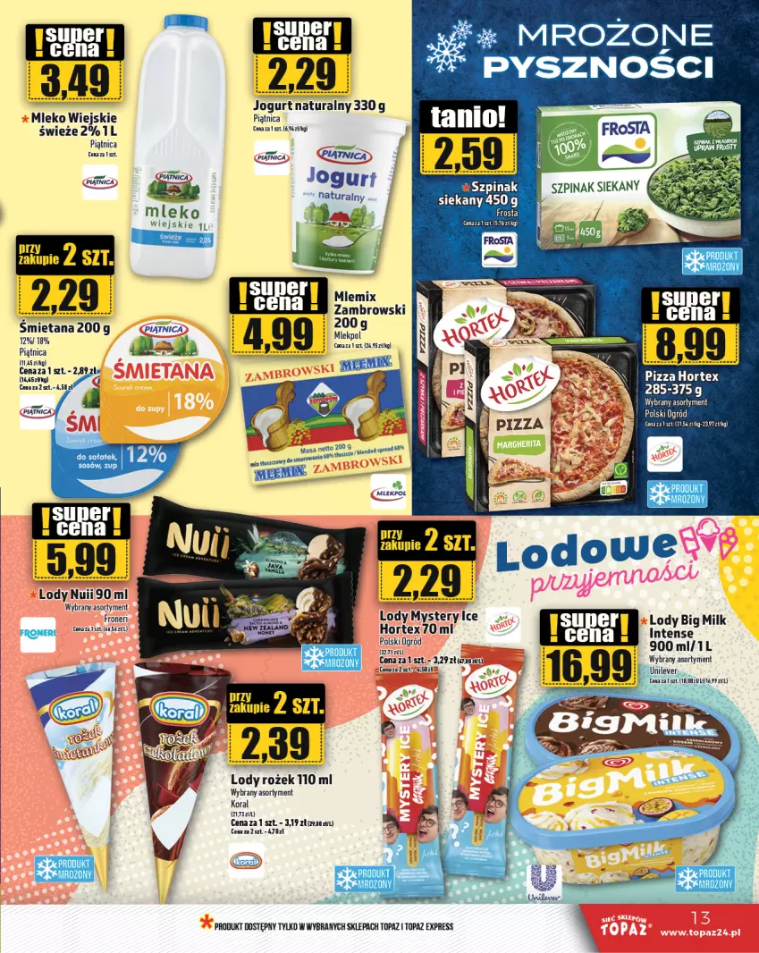 Gazetka promocyjna Topaz - Gazetka - ważna 13.06 do 19.06.2024 - strona 13 - produkty: Frosta, Hortex, Jogurt, Jogurt naturalny, Lody, Mleko, Ogród, Piątnica, Top