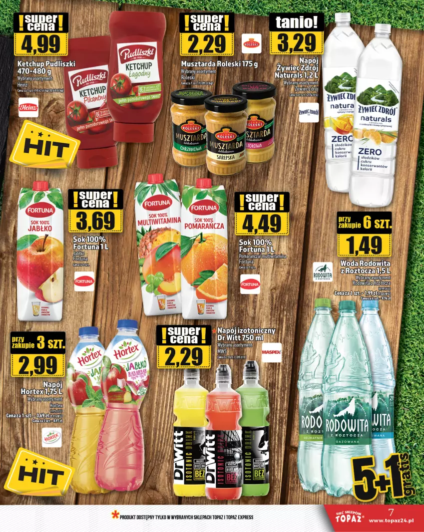 Gazetka promocyjna Topaz - Gazetka - ważna 13.06 do 19.06.2024 - strona 7 - produkty: Fortuna, Heinz, Ketchup, Mus, Musztarda, Napój, Pudliszki, Ser, Sok, Top, Woda