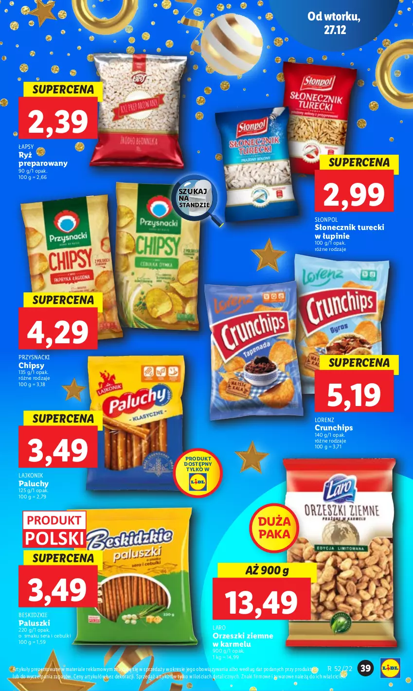 Gazetka promocyjna Lidl - GAZETKA - ważna 27.12 do 28.12.2022 - strona 45 - produkty: Beskidzki, Beskidzkie paluszki, Chipsy, Crunchips, Lajkonik, Lorenz, Orzeszki, Orzeszki ziemne, Przysnacki, Ryż, Ser, Słonecznik turecki, Słonpol