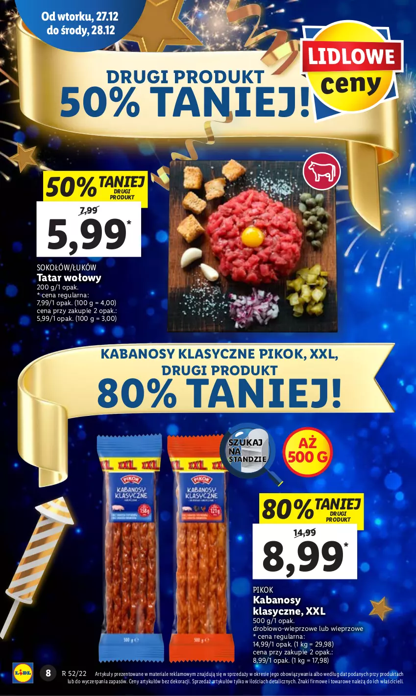 Gazetka promocyjna Lidl - GAZETKA - ważna 27.12 do 28.12.2022 - strona 8 - produkty: Kabanos, PIKOK, Sok, Sokołów, Tatar wołowy