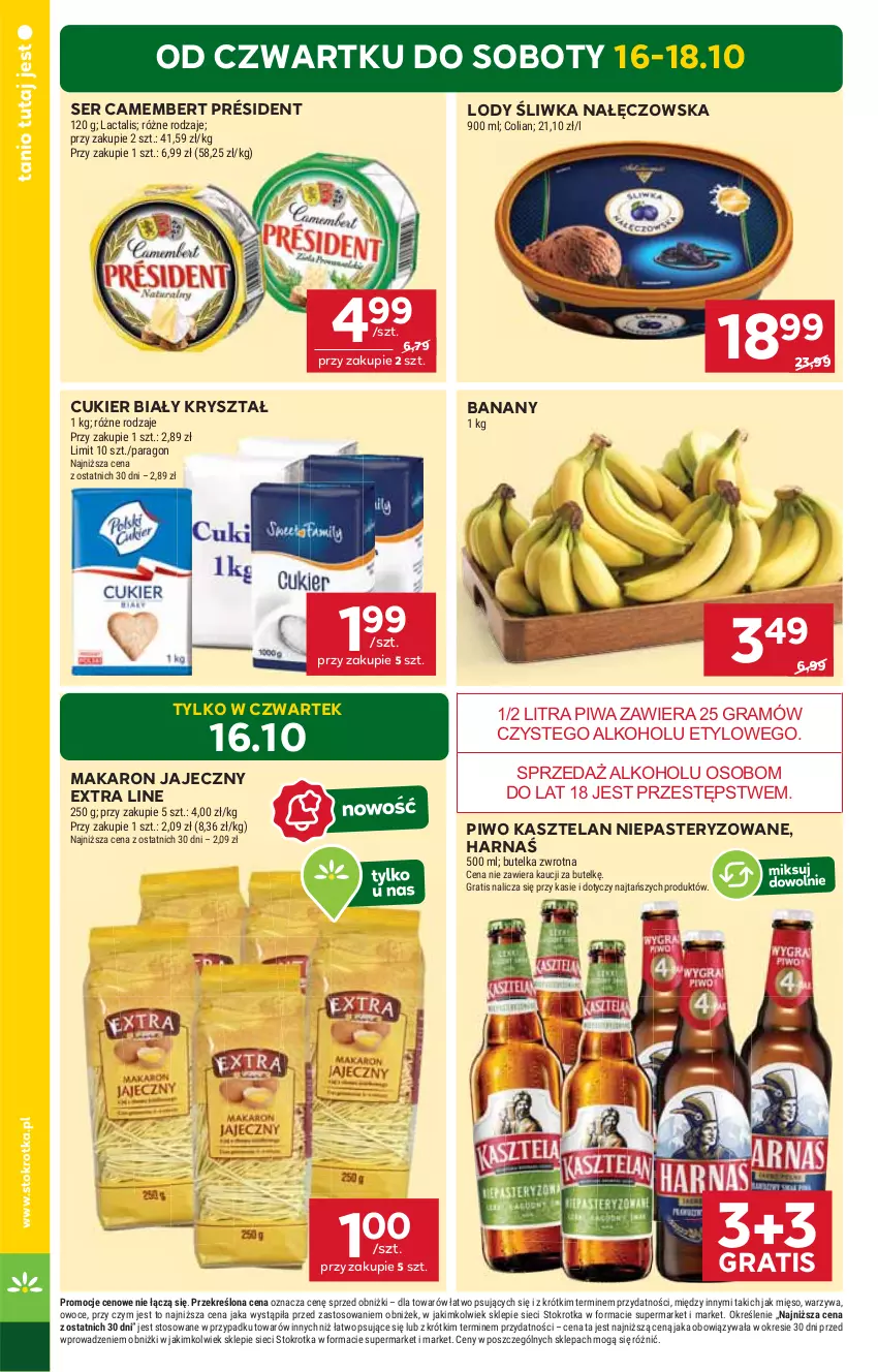 Gazetka promocyjna Stokrotka - Market - ważna 16.10 do 22.10.2025 - strona 2 - produkty: Banany, Camembert, Cukier, Gra, Harnaś, Kasztelan, Lody, Makaron, Mięso, Owoce, Piwa, Piwo, Président, Ser, Warzywa