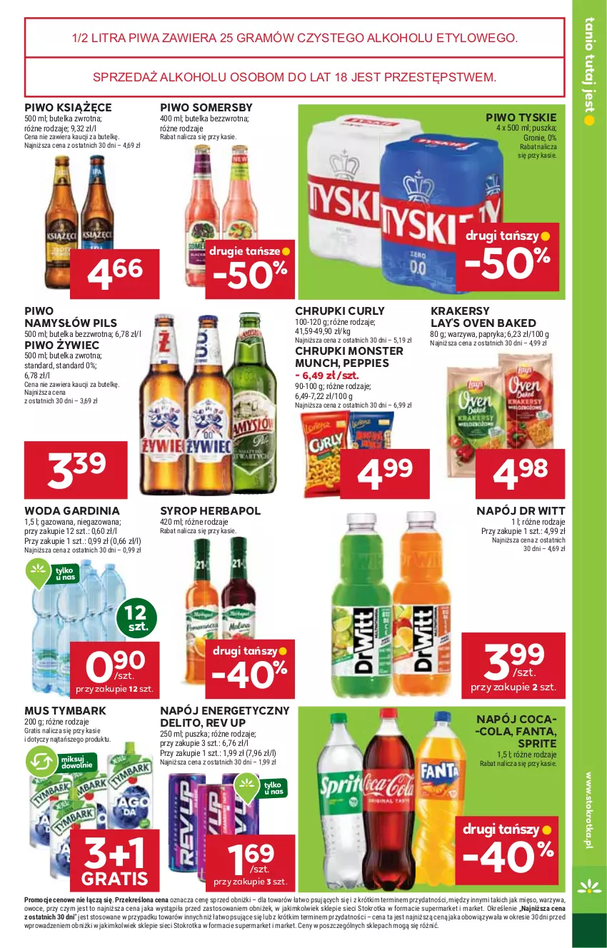 Gazetka promocyjna Stokrotka - Market - ważna 16.10 do 22.10.2025 - strona 21 - produkty: Chrupki, Coca-Cola, Fa, Fanta, Gra, Herbapol, Krakersy, Książęce, Lay’s, Mięso, Monster Munch, Mus, Namysłów, Napój, Napój energetyczny, Owoce, Papryka, Piwa, Piwo, Somersby, Sprite, Syrop, Tymbark, Tyskie, Warzywa, Woda