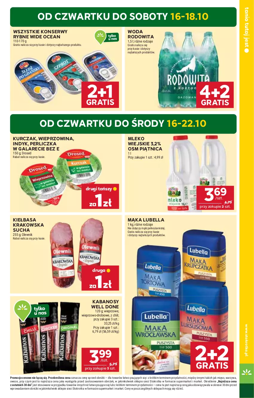 Gazetka promocyjna Stokrotka - Market - ważna 16.10 do 22.10.2025 - strona 3 - produkty: Bell, Bella, Gala, Gra, Kabanos, Kiełbasa, Kiełbasa krakowska, Kurczak, Lubella, Mąka, Mięso, Mleko, Olewnik, Owoce, Perliczka, Piątnica, Ser, Warzywa, Wieprzowina, Woda