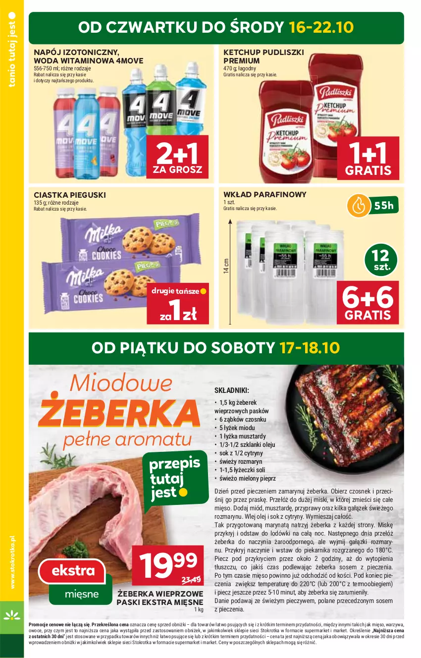 Gazetka promocyjna Stokrotka - Market - ważna 16.10 do 22.10.2025 - strona 4 - produkty: Ciastka, Cytryny, Czosnek, Gra, Ketchup, Lanki, Mięso, Miód, Mus, Napój, Napój izotoniczny, Olej, Owoce, Piec, Piekarnik, Pieprz, Por, Przyprawy, Pudliszki, Rum, Sok, Sos, Top, Warzywa, Woda