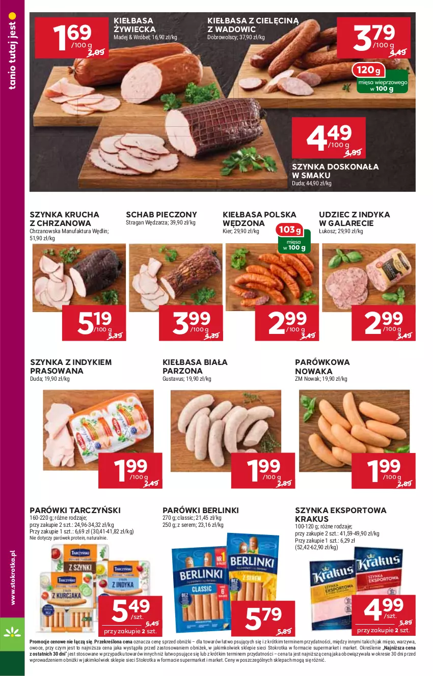 Gazetka promocyjna Stokrotka - Market - ważna 16.10 do 22.10.2025 - strona 6 - produkty: Berlinki, Chrzan, Duda, Fa, Gala, Kiełbasa, Kiełbasa biała, Kosz, Krakus, Mięso, NOWAK, Owoce, Parówki, Piec, Por, Schab pieczony, Ser, Sport, Szynka, Tarczyński, Udziec z indyka, Udziec z indyka w galarecie, Warzywa