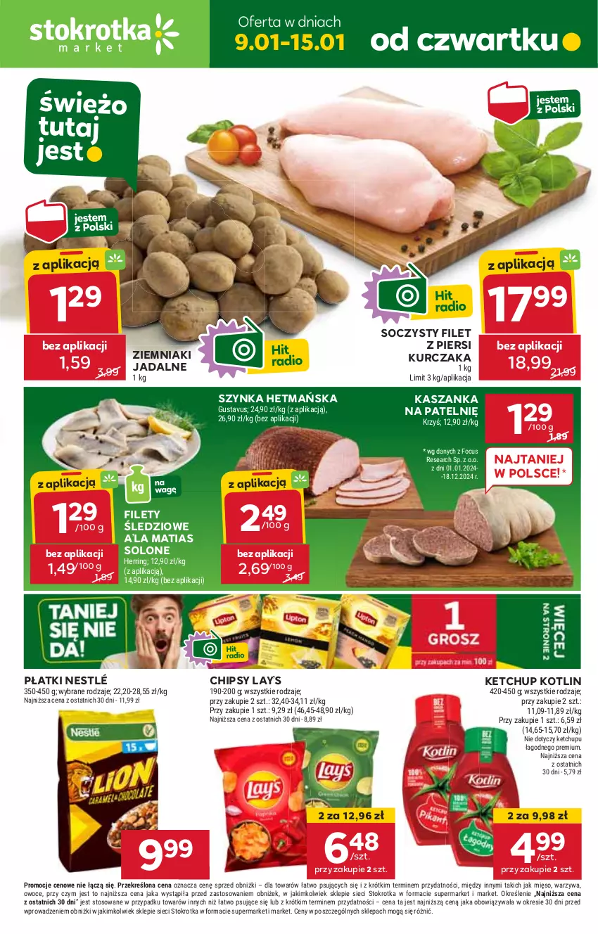 Gazetka promocyjna Stokrotka - Market Opole/Radom - ważna 09.01 do 15.01.2025 - strona 1 - produkty: Chipsy, Filet z piersi kurczaka, HP, Kasza, Kaszanka, Ketchup, Kotlin, Kurczak, Lay’s, Nestlé, Szynka, Ziemniaki