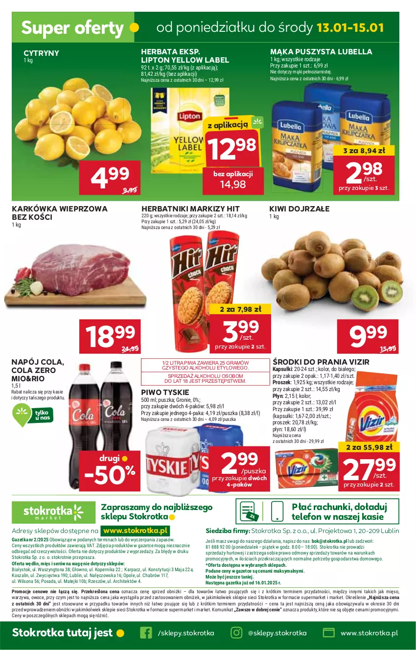 Gazetka promocyjna Stokrotka - Market Opole/Radom - ważna 09.01 do 15.01.2025 - strona 19 - produkty: Bell, Bella, Cytryny, Dres, Gra, Herbata, Herbatniki, HP, JBL, Karkówka wieprzowa, Kiwi, Lipton, Lubella, Mąka, Napój, Piwa, Piwo, Telefon, Tyskie, Vizir