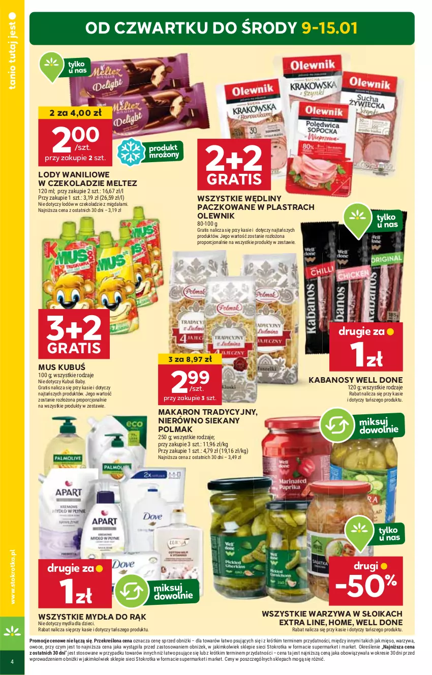 Gazetka promocyjna Stokrotka - Market Opole/Radom - ważna 09.01 do 15.01.2025 - strona 4 - produkty: Gra, HP, Kabanos, Kubuś, Lody, Makaron, Mus, Olewnik, Olma, Warzywa