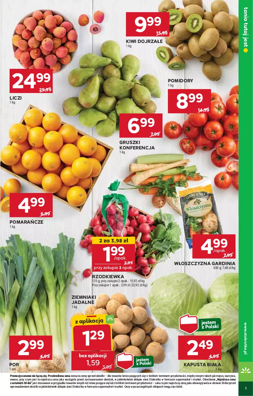 Gazetka promocyjna Stokrotka - Market Opole/Radom - ważna 09.01 do 15.01.2025 - strona 5 - produkty: Gruszki, HP, Kiwi, Liczi, Pomarańcze, Pomidory, Por, Rzodkiewka, Ziemniaki