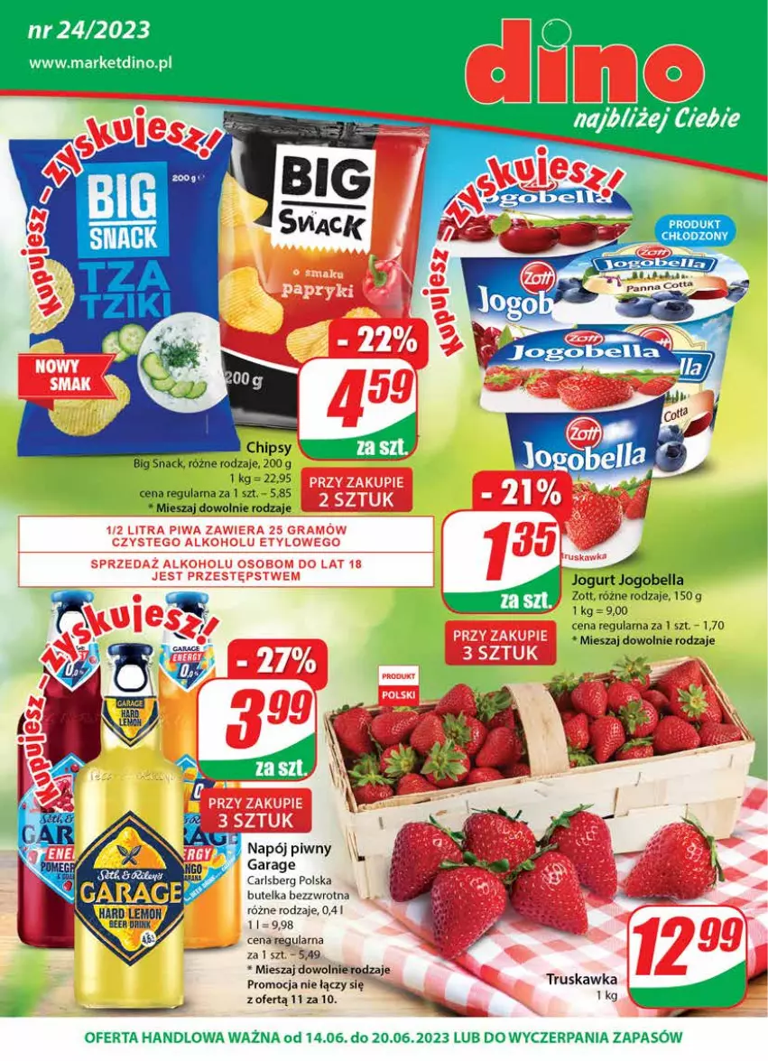 Gazetka promocyjna Dino - G24 - ważna 14.06 do 20.06.2023 - strona 1 - produkty: Bell, Bella, Carlsberg, Chipsy, JBL, Jogobella, Jogurt, Napój, Zott