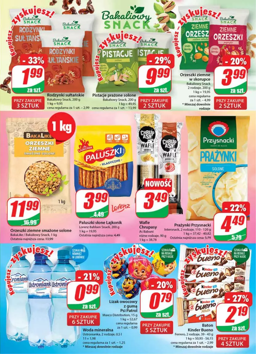 Gazetka promocyjna Dino - G24 - ważna 14.06 do 20.06.2023 - strona 17 - produkty: Babuni, Baton, Ferrero, Kinder, Kinder Bueno, Lajkonik, Lorenz, Orzeszki, Orzeszki ziemne, Pistacje, Rodzynki, Wafle