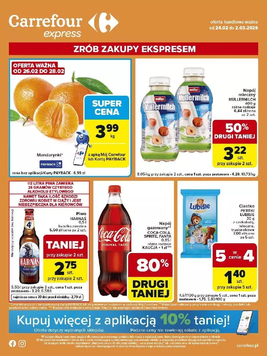 Gazetka promocyjna Carrefour - Gazetka Express - ważna 24.02 do 02.03.2026 - strona 1 - produkty: Coca-Cola, Fa, Fanta, Gra, Harnaś, Lubisie, Mandarynki, Miecz, Napój, Napój gazowany, Piec, Piwa, Piwo, Sprite