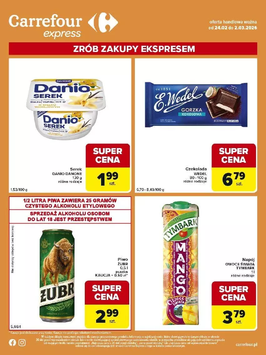 Gazetka promocyjna Carrefour - Gazetka Express - ważna 24.02 do 02.03.2026 - strona 2 - produkty: Czekolada, Danio, Danone, Gra, Napój, Owoce, Piwa, Ser, Serek, Tymbark