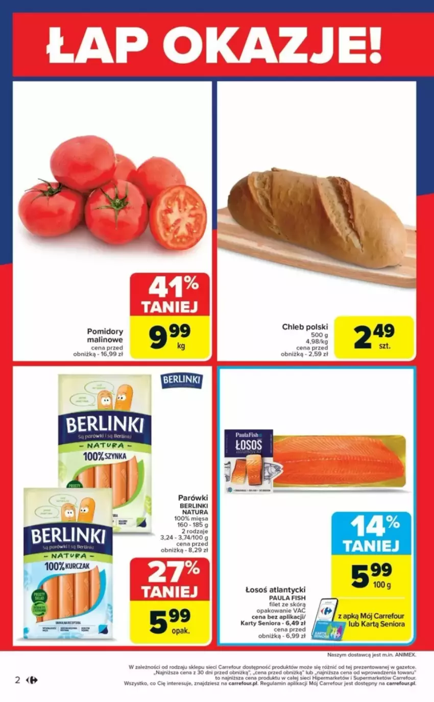 Gazetka promocyjna Carrefour - ważna 13.03 do 15.03.2025 - strona 4 - produkty: Berlinki, Chleb, Fa, Kurczak, Laur, Parówki, Pomidory