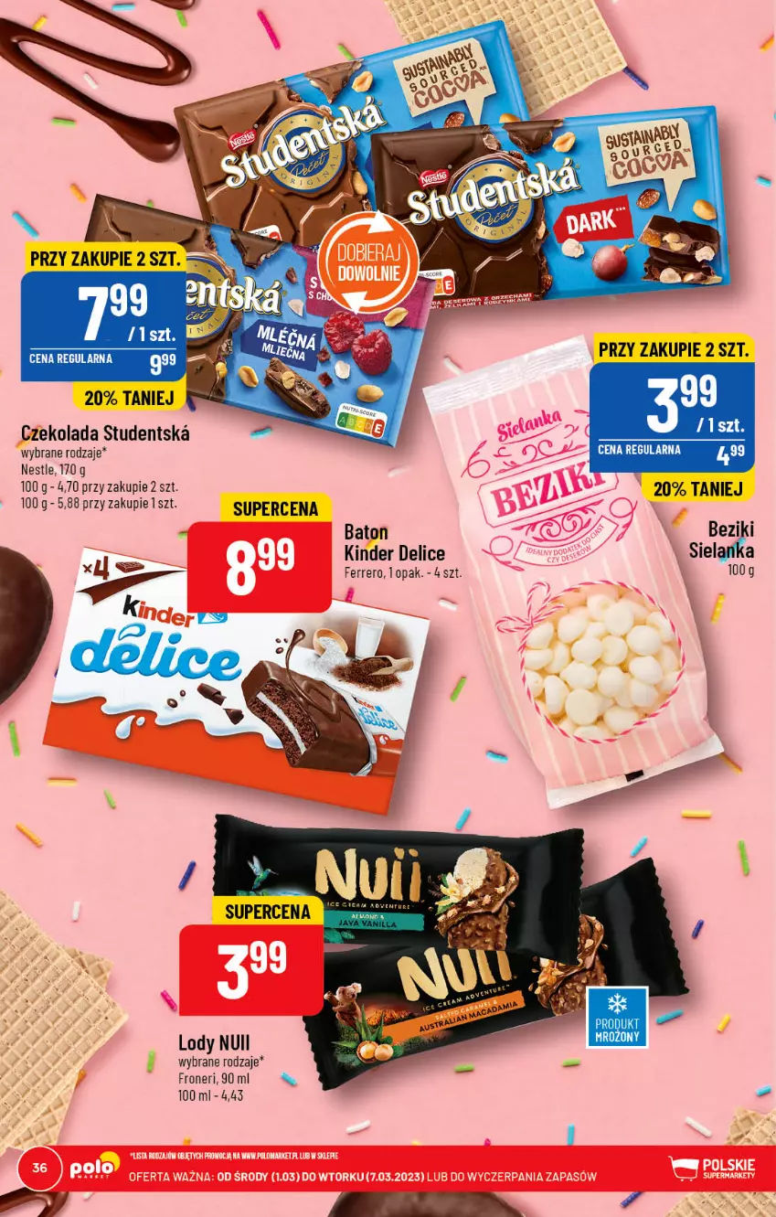 Gazetka promocyjna PoloMarket - Gazetka pomocyjna - ważna 01.03 do 07.03.2023 - strona 36 - produkty: Baton, Czekolada, Ferrero, Kinder, Lody