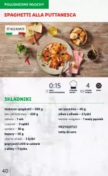 Gazetka promocyjna Lidl - KATALOG ITALIAMO - Gazetka - ważna od 12.02 do 12.02.2022 - strona 40 - produkty: Cebula, Makaron, Sos, Ser, Por, Kapary, Oliwki, Ryba, Czosnek, Sos pomidorowy, Spaghetti, Oliwa z oliwek, Pecorino