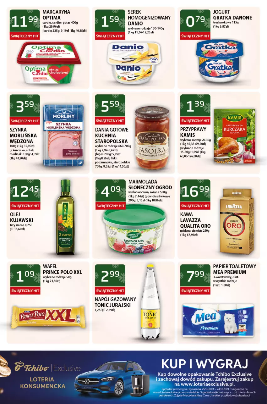 Gazetka promocyjna ABC - Gazetka - ważna 03.12 do 16.12.2021 - strona 8 - produkty: Bigos, Dania gotowe, Danio, Danone, Flaki, Gra, Jogurt, Kamis, Kawa, Kuchnia, Kujawski, Kurczak, Lavazza, Margaryna, Marmolada, Mola, Napój, Napój gazowany, Ogród, Olej, Optima, Optima Cardio, Papier, Papier toaletowy, Prince Polo, Róża, Ser, Serek, Serek homogenizowany, Szynka, Tchibo