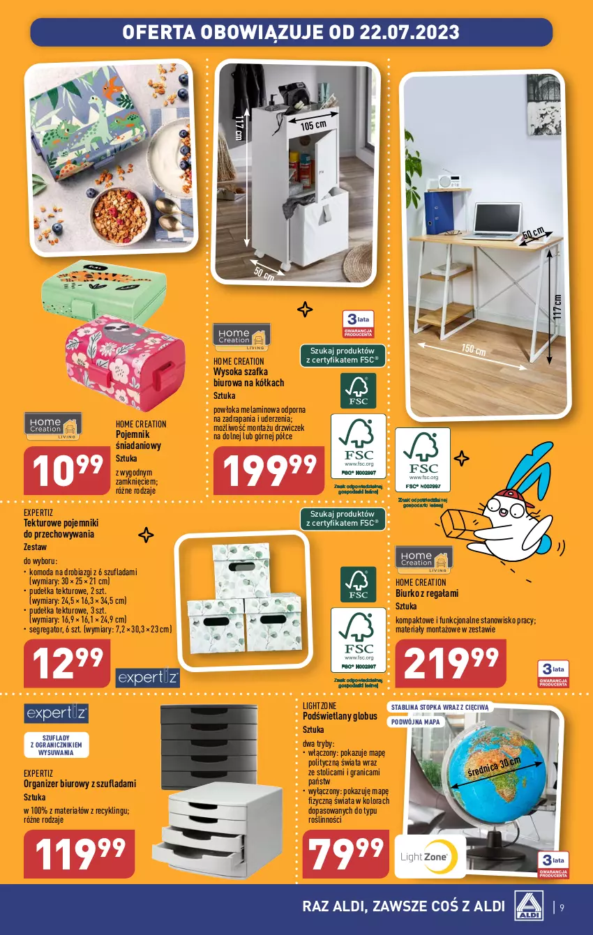 Gazetka promocyjna Aldi - Artykuły przemysłowe i tekstylia - ważna 19.07 do 22.07.2023 - strona 9 - produkty: Biurko, Biuro, Danio, Drzwi, Gra, Komoda, Moda, Organizer, Pojemnik, Por, Regał, Sok, Szafka, Top