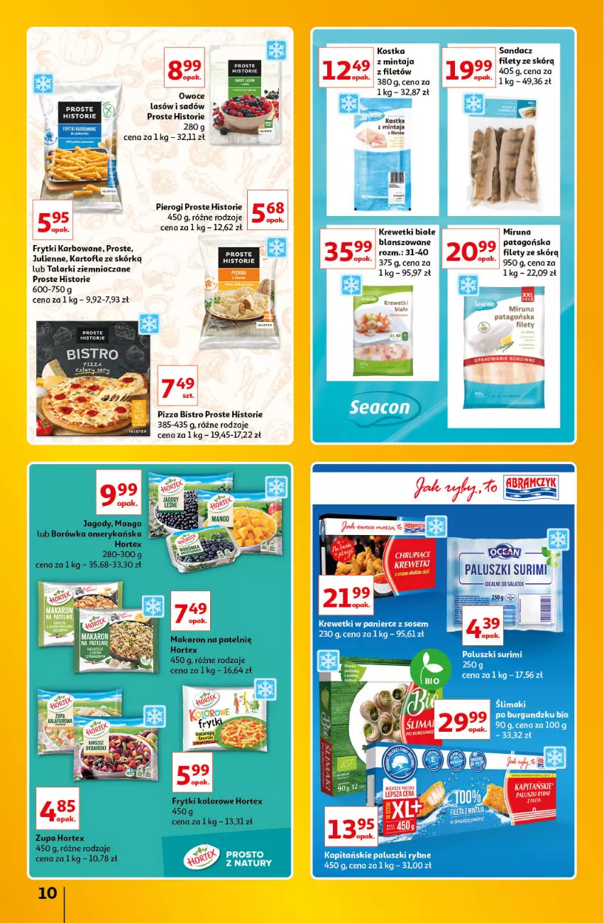 Gazetka promocyjna Auchan - Znane Lubiane Marki Hipermarkety - ważna 02.06 do 08.06.2022 - strona 10 - produkty: Borówka, Borówka amerykańska, Frytki, Hortex, Jagody, Krewetki, Makaron, Mango, Mintaj, Miruna, Owoce, Paluszki rybne, Pierogi, Pizza, Sałat, Sandacz, Sos, Surimi, Tago, Zupa