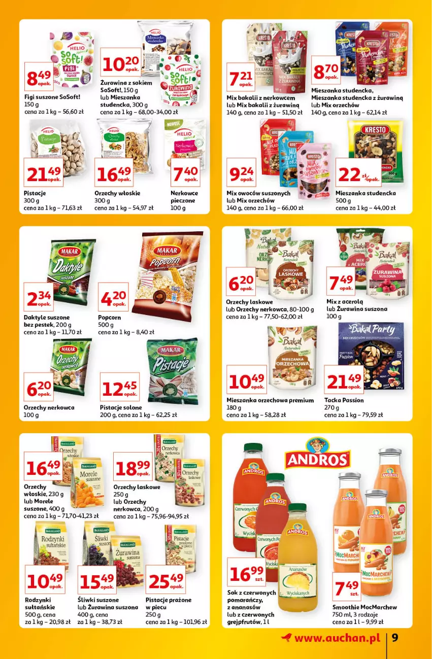 Gazetka promocyjna Auchan - Znane Lubiane Marki Hipermarkety - ważna 02.06 do 08.06.2022 - strona 9 - produkty: Acer, Ananas, Daktyle, Figi, Grejpfrut, Helio, Mieszanka orzechowa, Mieszanka studencka, Orzechy włoskie, Piec, Pistacje, Popcorn, Rodzynki, Sok, Sos, Stek